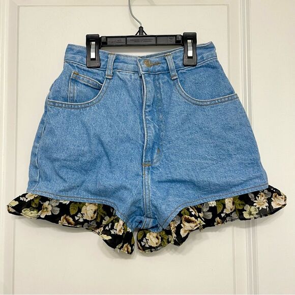 California Concepts Vintage High Rise Mom Denim Shorts with Floral Fabric Trim - Picture 2 of 5